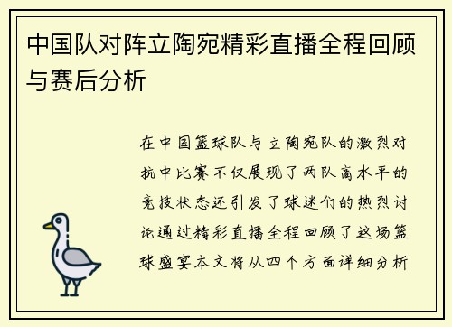 中国队对阵立陶宛精彩直播全程回顾与赛后分析