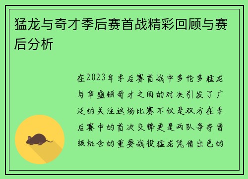 猛龙与奇才季后赛首战精彩回顾与赛后分析